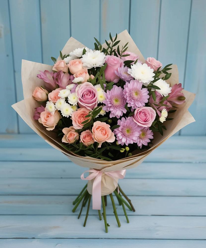 Букет цветов из: Хризантемы, Розы и Альстромерии в Сусумане