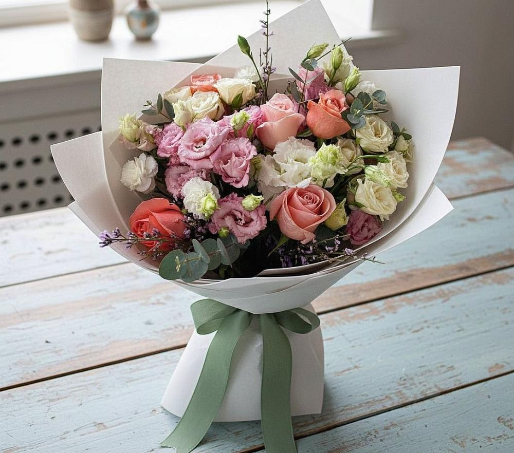 Букет цветов из: Розы, Лизиантусы и Гвоздики в Сусумане