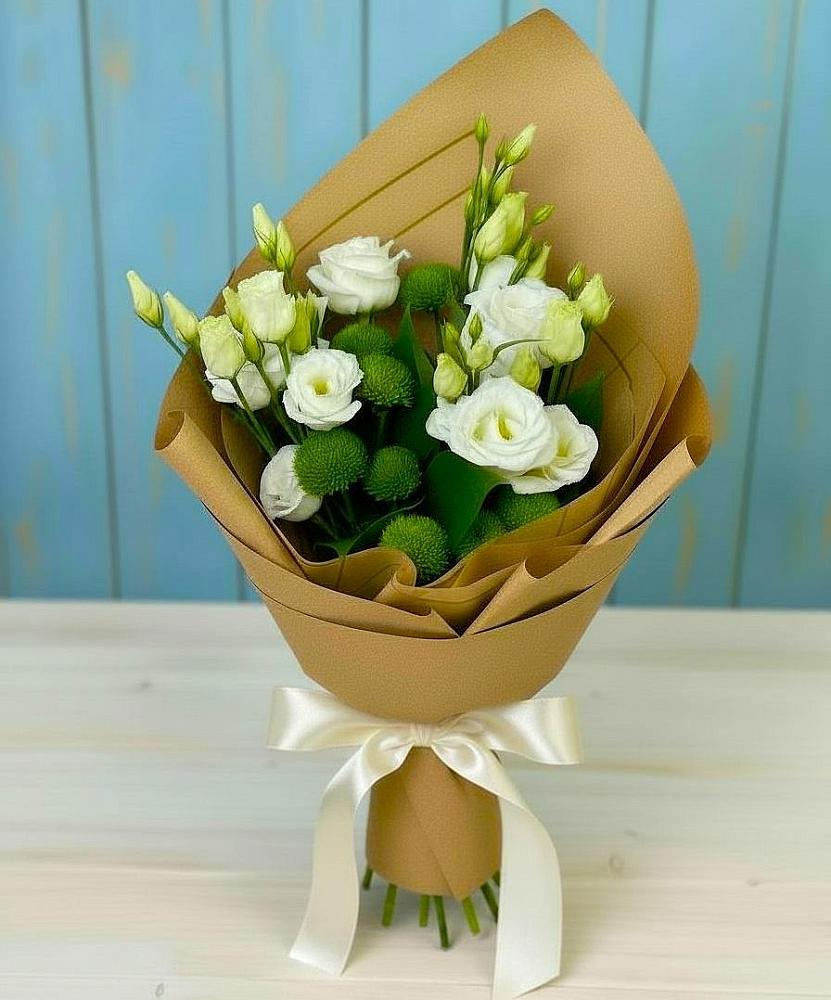 Букет цветов из: Хризантемы и Лизиантусы в Сусумане